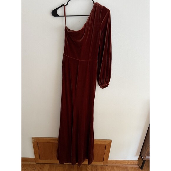 Revelry Aurora Rust Velvet Dress Women Size 8 One Shoulder Slit Bridesmaid -Flaw - Picture 3 of 15